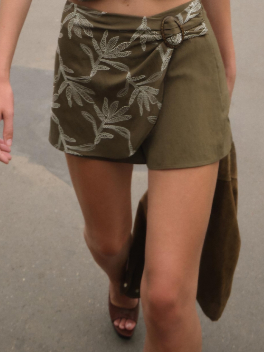 Zara Emboidered Olive Green Wrap-Front Women's Shorts